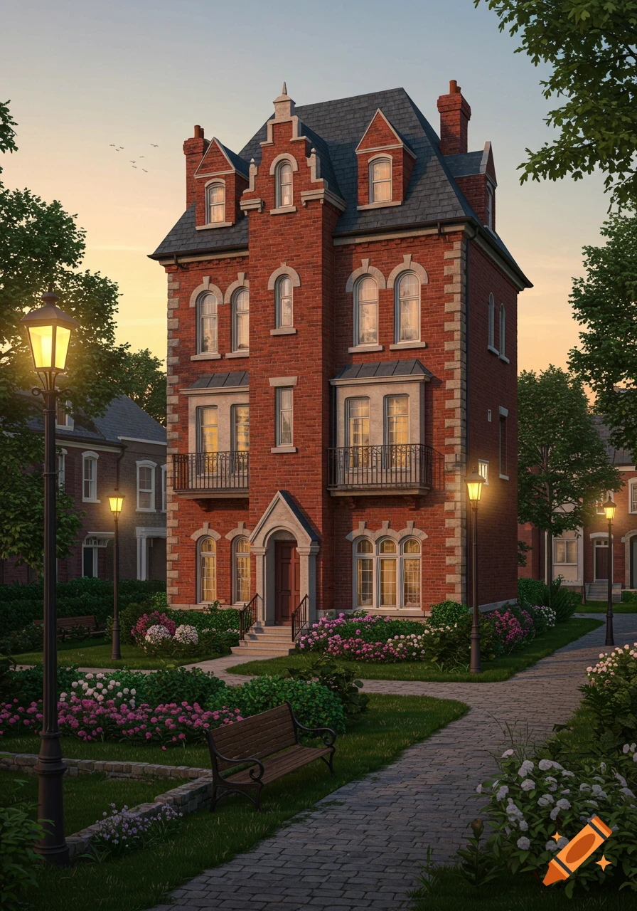 A detailed red brick house with a steep gray roof stands at dusk, surrounded by manicured gardens, paved paths, and glowing streetlights in a peaceful neighborhood.