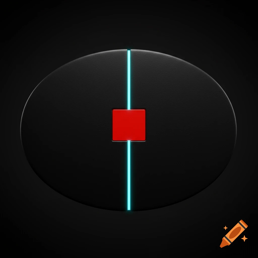 A matte black oval with a red square in its center and a glowing turquoise vertical line passing through it.