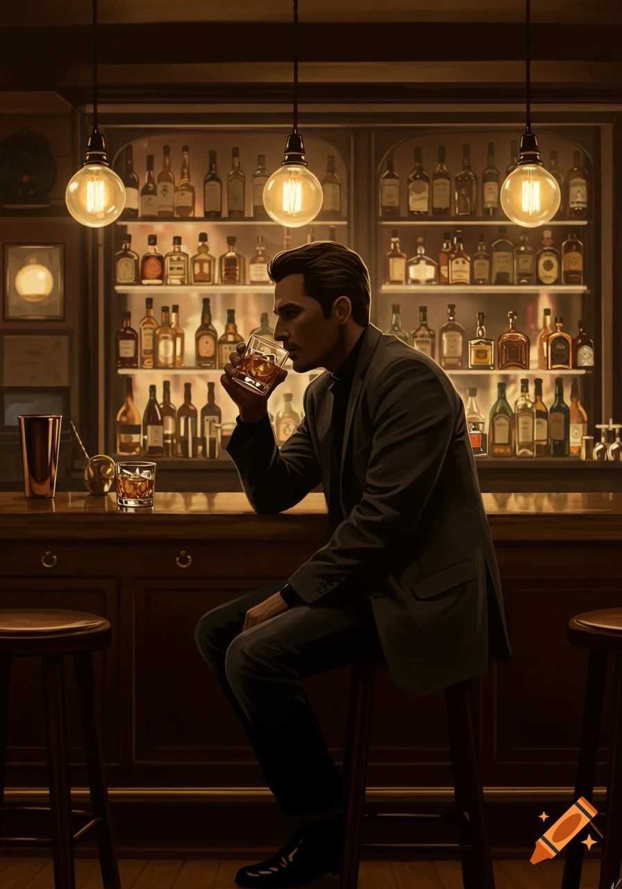 A stylish man in a suit sips whiskey while sitting at a dimly lit bar, with shelves of liquor bottles behind him.