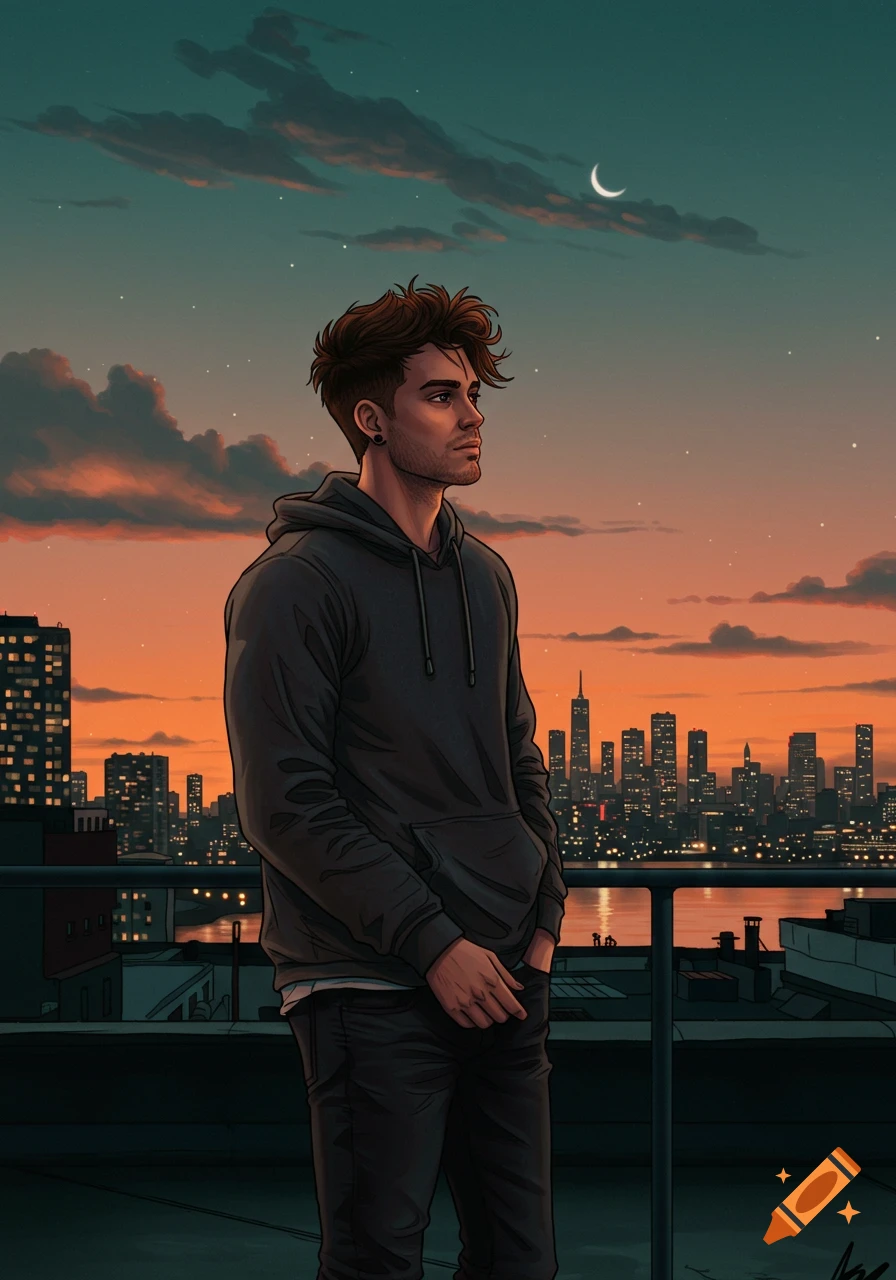 Stylized digital illustration of a man on a city rooftop at sunset, with a crescent moon in the twilight sky.