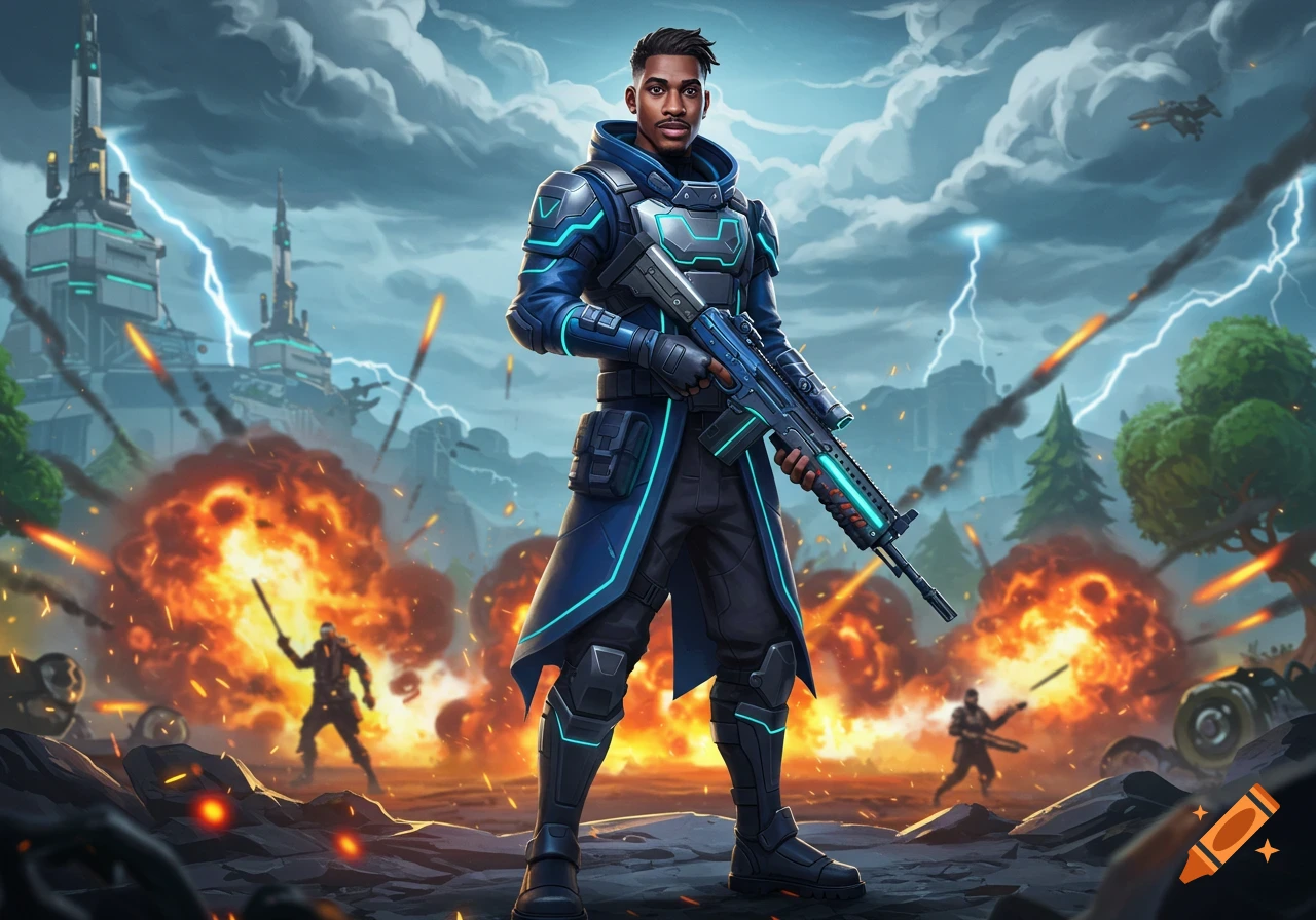 A Black man in blue and grey futuristic armor holding a rifle stands in a battle scene with explosions, lightning, and futuristic buildings.
