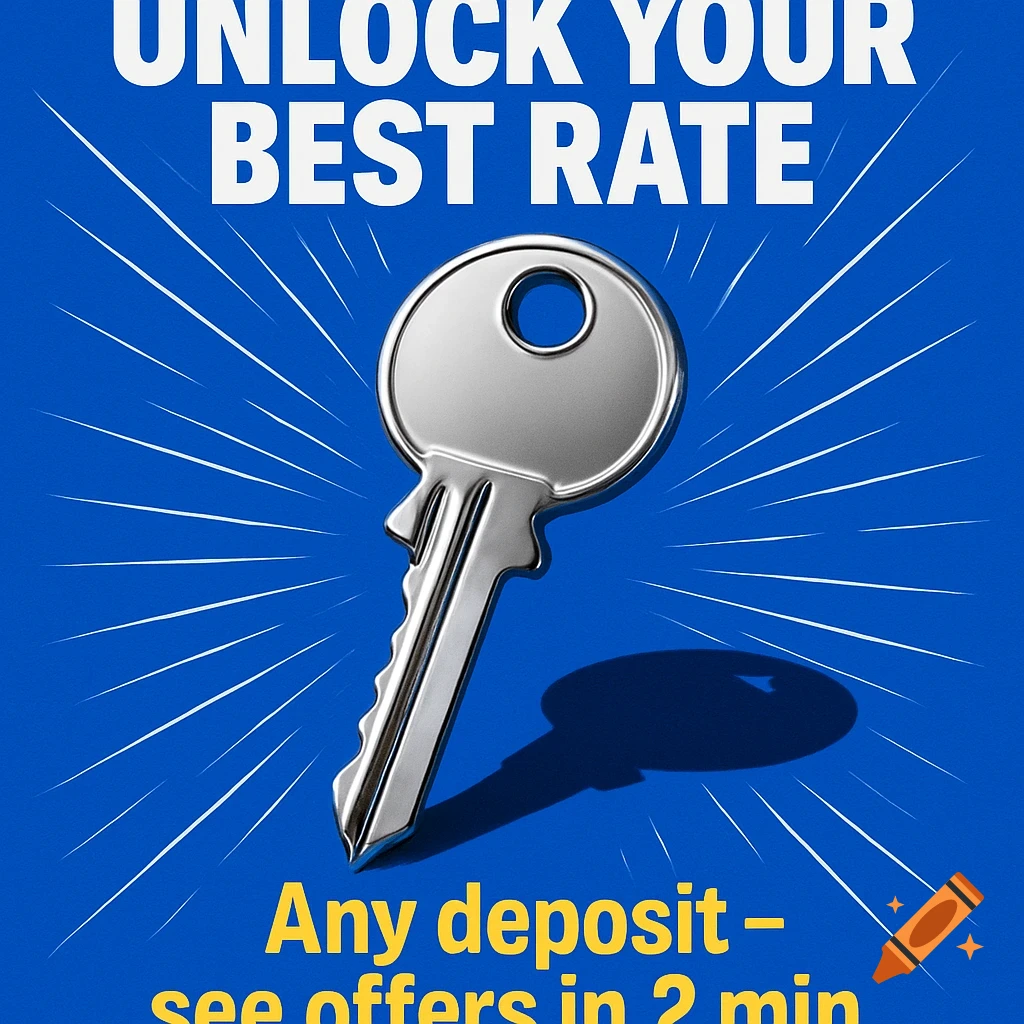 A shiny chrome key on a royal blue background with radial lines. Text reads 'Unlock Your Best Rate' and 'Any deposit - see offers in 2 min'.