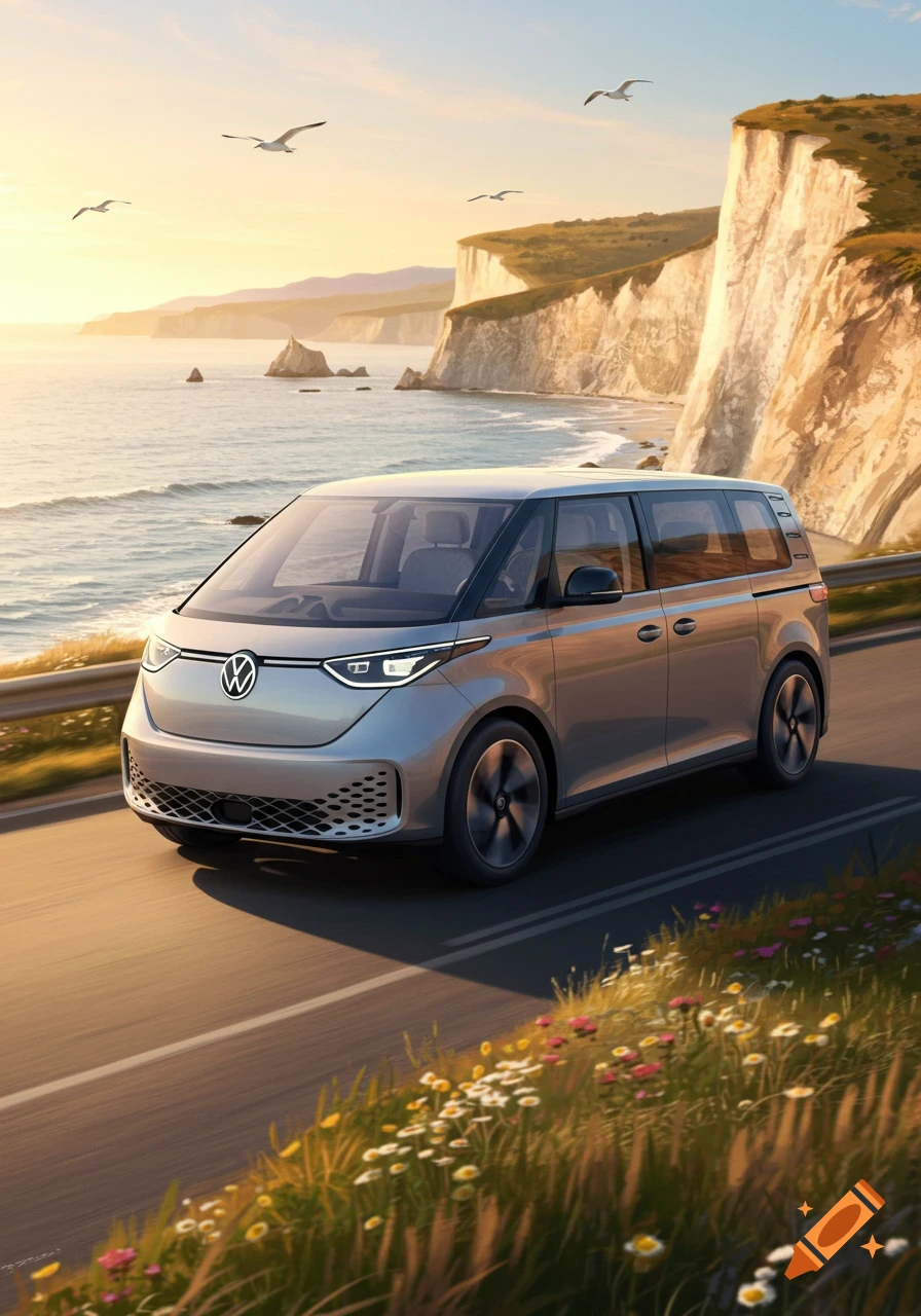 A silver Volkswagen ID. Buzz drives along a coastal road at sunset, with ocean cliffs and seagulls in the background.