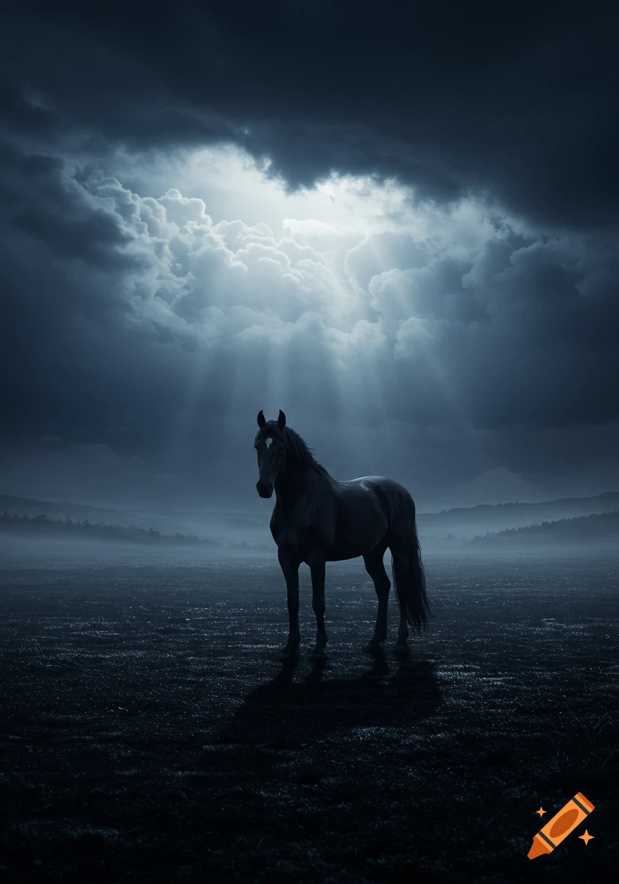 A silhouetted horse stands in a dark, misty field under dramatic, cloudy skies with rays of light breaking through.