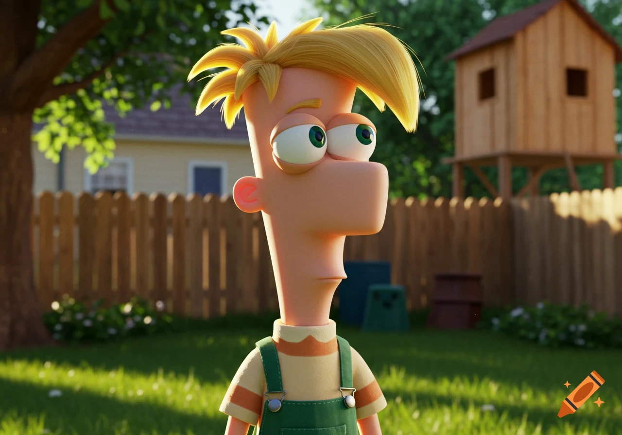 A realistic 3D rendering of Ferb from Phineas and Ferb with blond hair, standing in a sunny backyard with a treehouse.