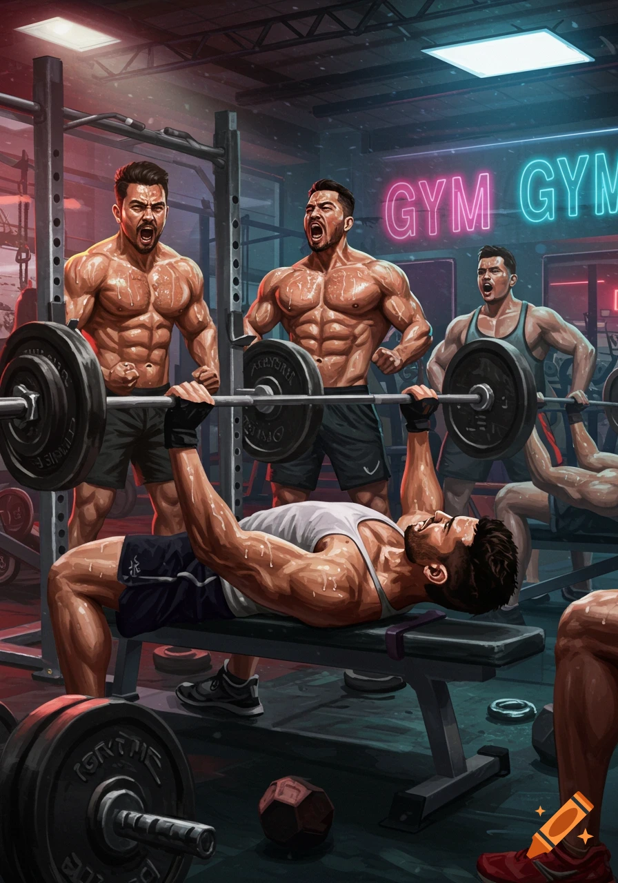 Muscular men in an illustrative style working out at a gym, with one bench-pressing while others cheer him on.