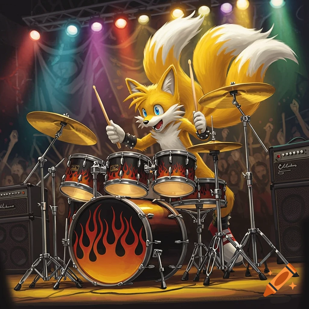 A cartoon yellow two-tailed fox similar to Tails playing a flaming drum kit on a stage with colorful spotlights and a cheering crowd.