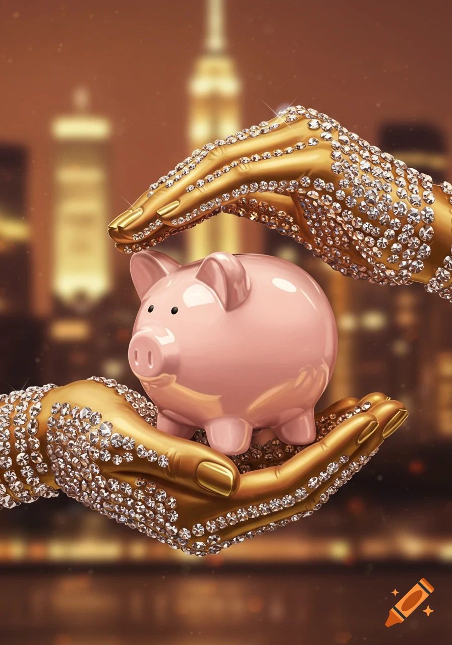Golden, diamond-covered hands cradle a pink piggy bank in front of a blurred, glowing city skyline.