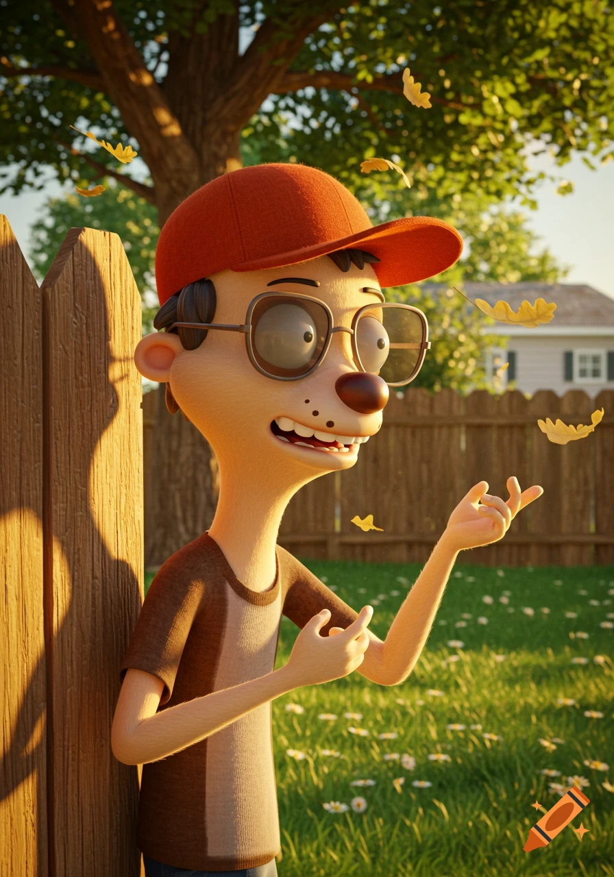 A cartoon boy resembling Dale Gribble in a red cap and glasses stands by a wooden fence with falling autumn leaves.