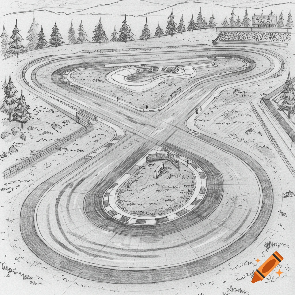 Overhead pencil sketch of an elaborate race track winding through a natural landscape with distant mountains and pine trees.