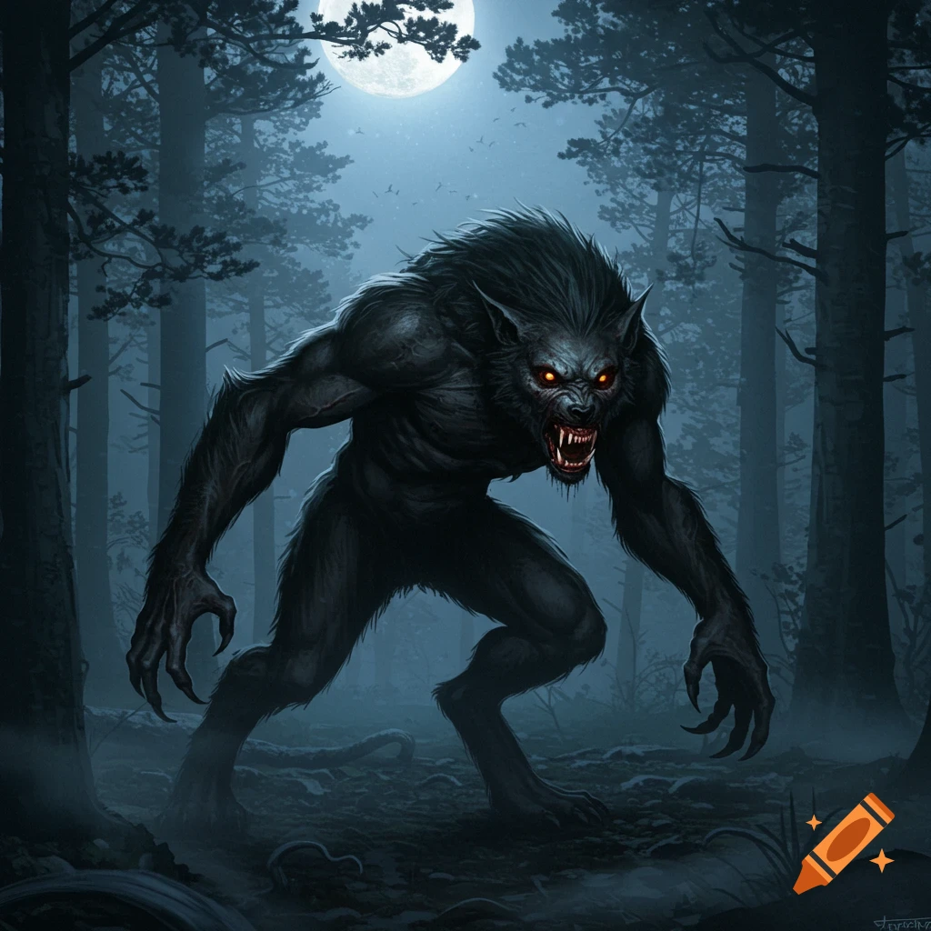 A dark, menacing werewolf with glowing red eyes and bared fangs crouches in a moonlit forest.