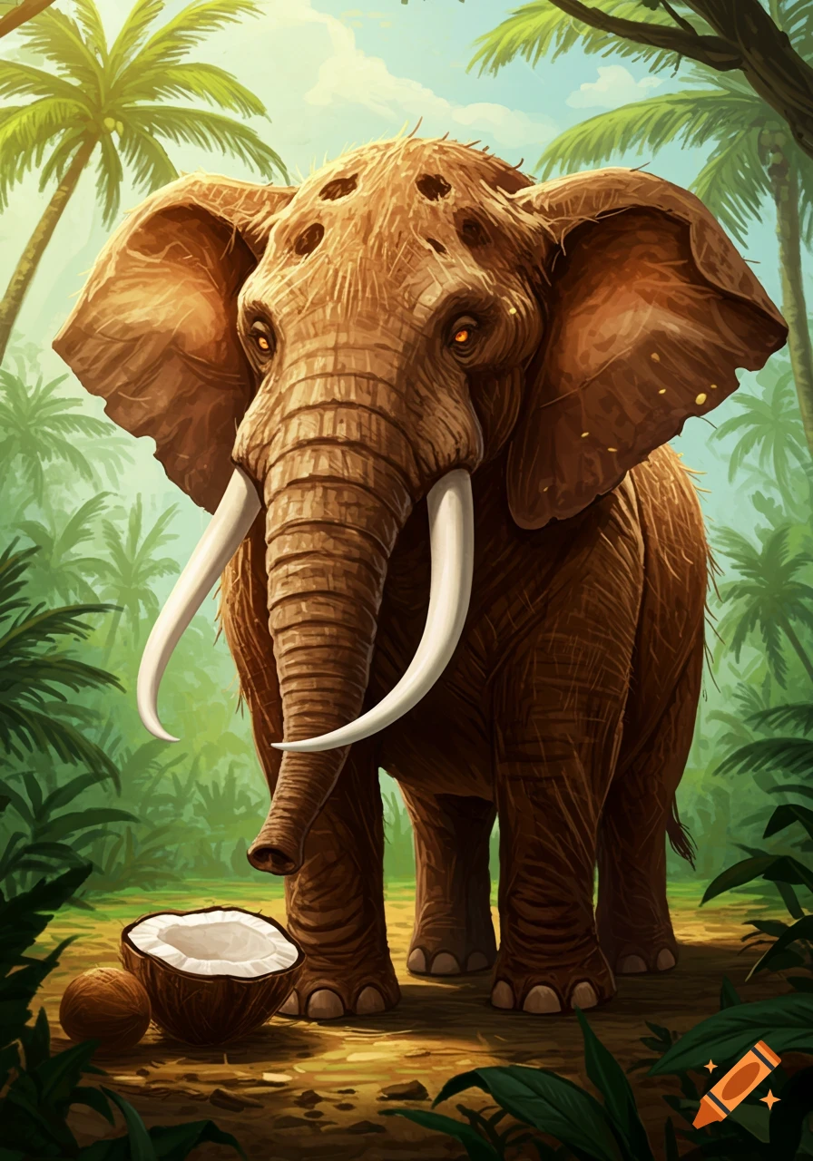 An angry-looking elephant with glowing orange eyes and coconut-textured skin stands in a lush jungle with a broken coconut nearby. Illustrative style.