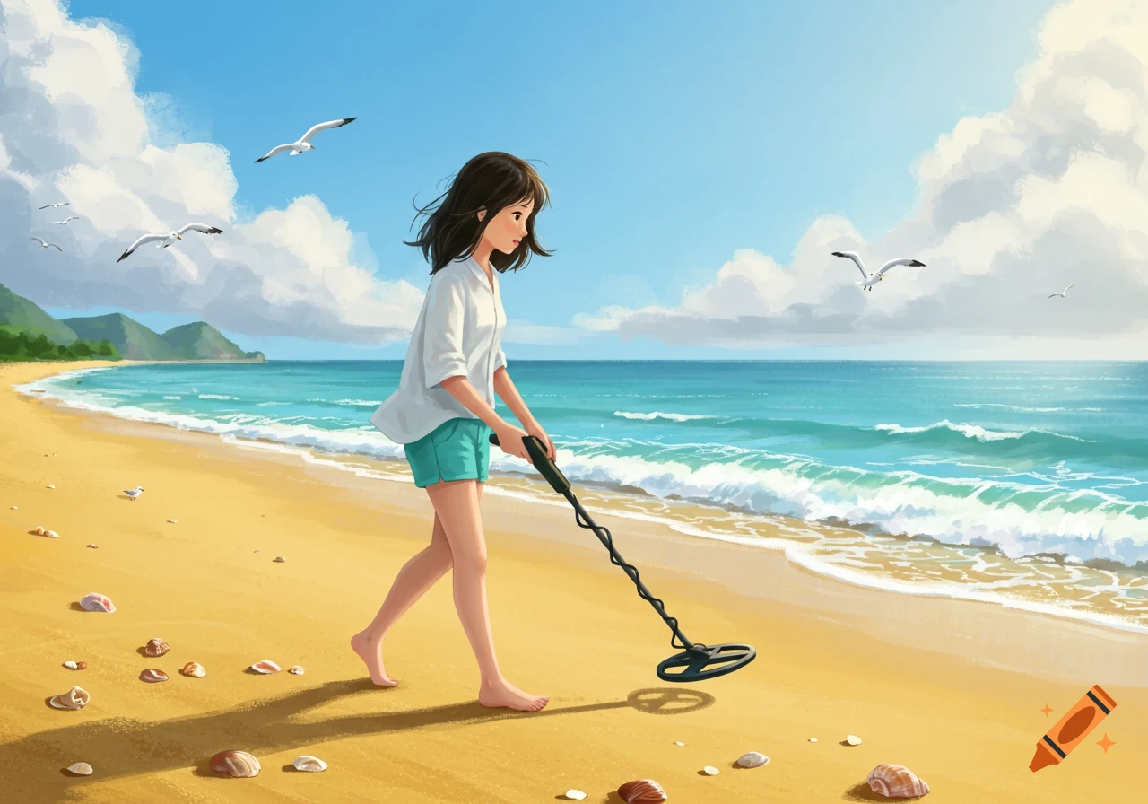 A young girl metal detects on a sunny sandy beach with blue waves, seagulls, and distant mountains in an anime style.