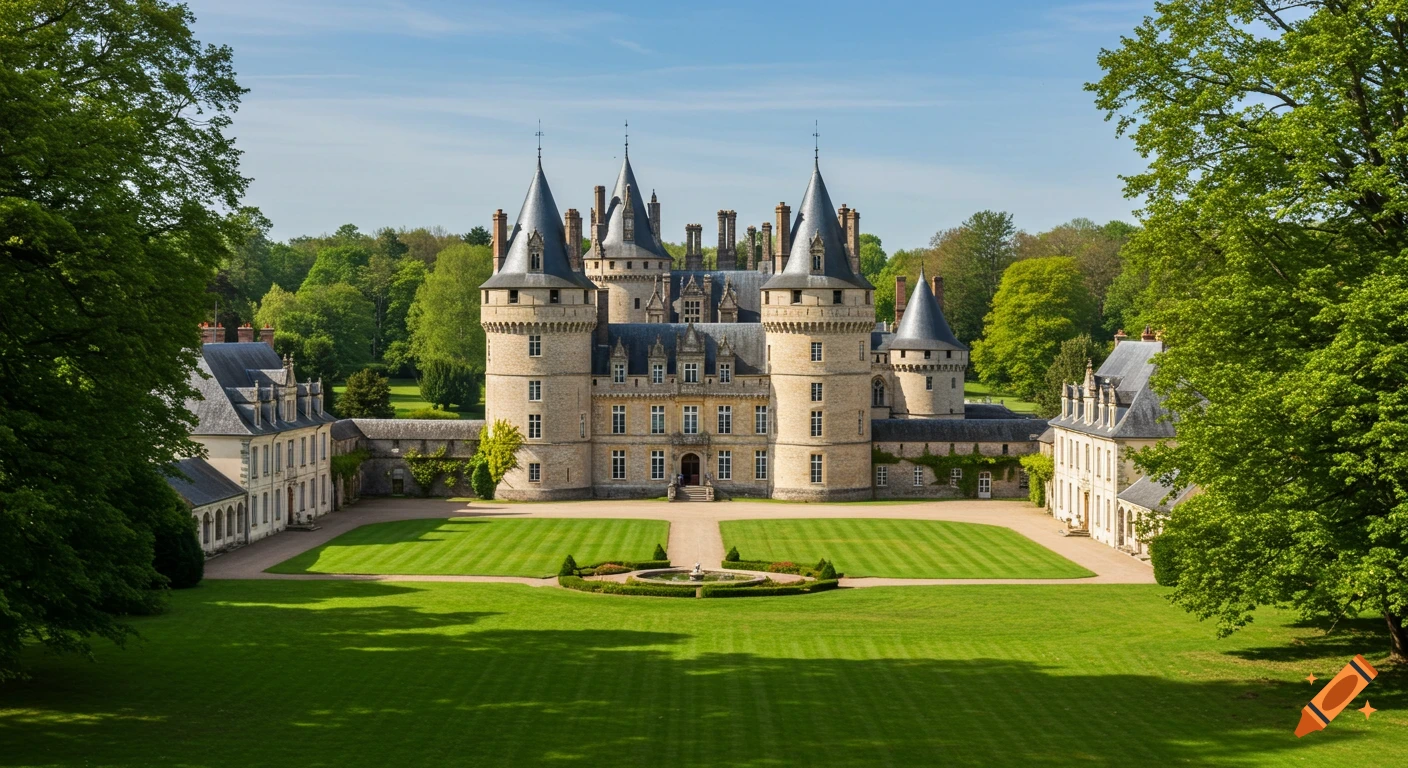 A grand, historic stone castle with multiple spires and towers surrounded by expansive green lawns and lush trees under a clear blue sky.