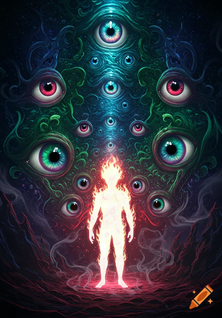 A glowing silhouette of a person made of white fire stands against a background of many iridescent, psychedelic eyes.