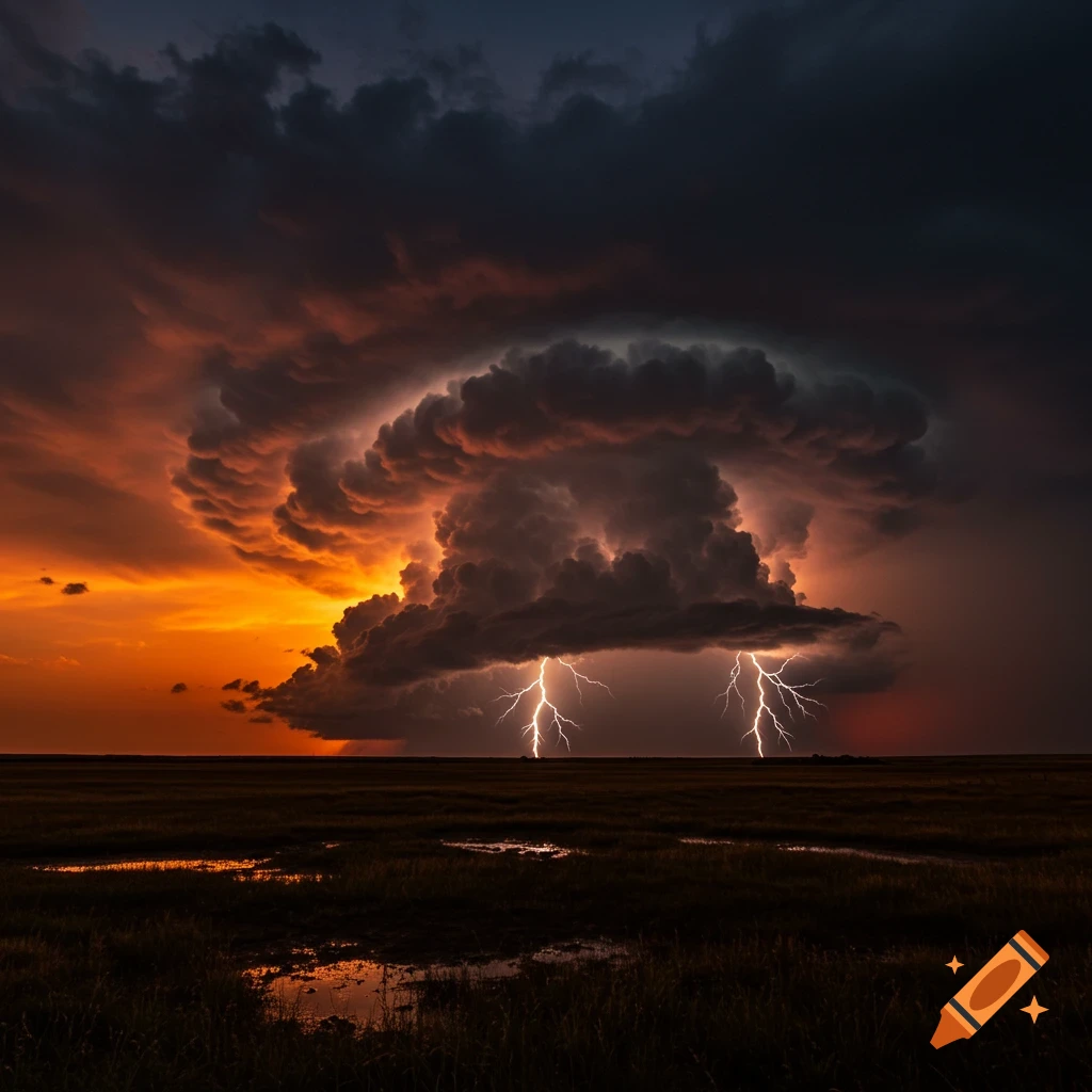 Photorealistic image of a dramatic supercell thunderstorm with multiple lightning strikes over a dark plain at sunset.
