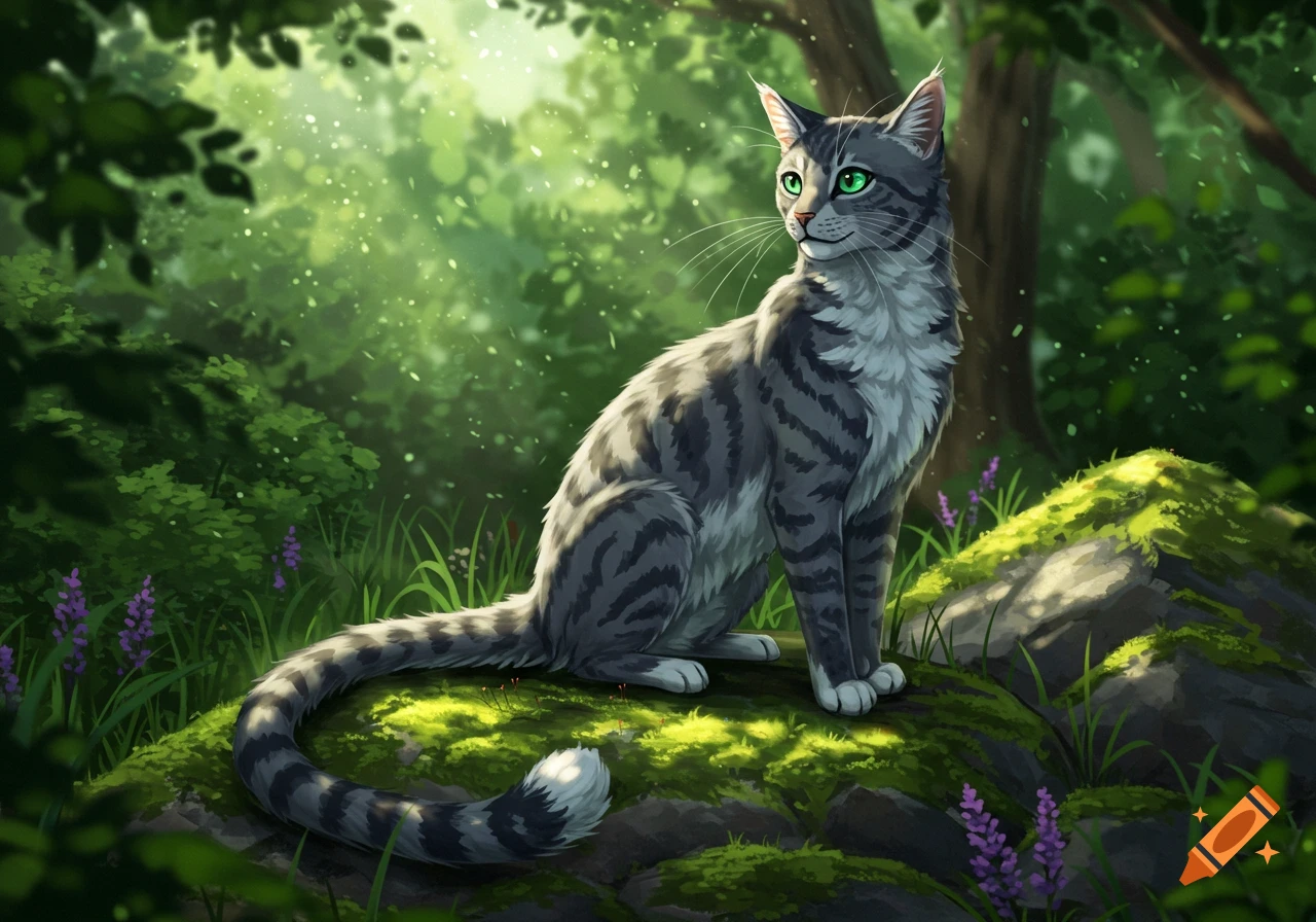 A stylized gray tabby cat with green eyes sits on mossy rocks in a sun-dappled forest.