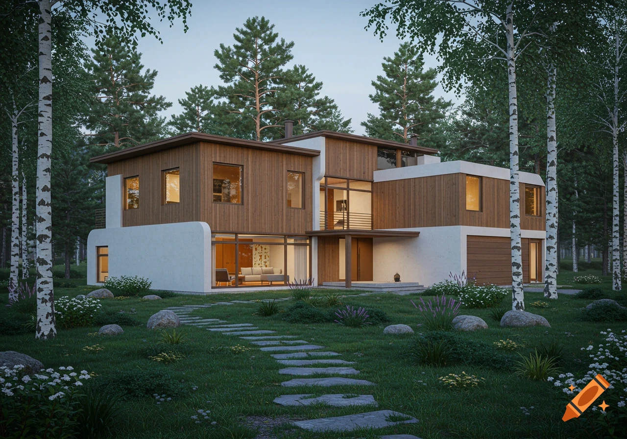 A photorealistic modern house with wood and white facades, surrounded by birch trees, green lawn, and a stone path.
