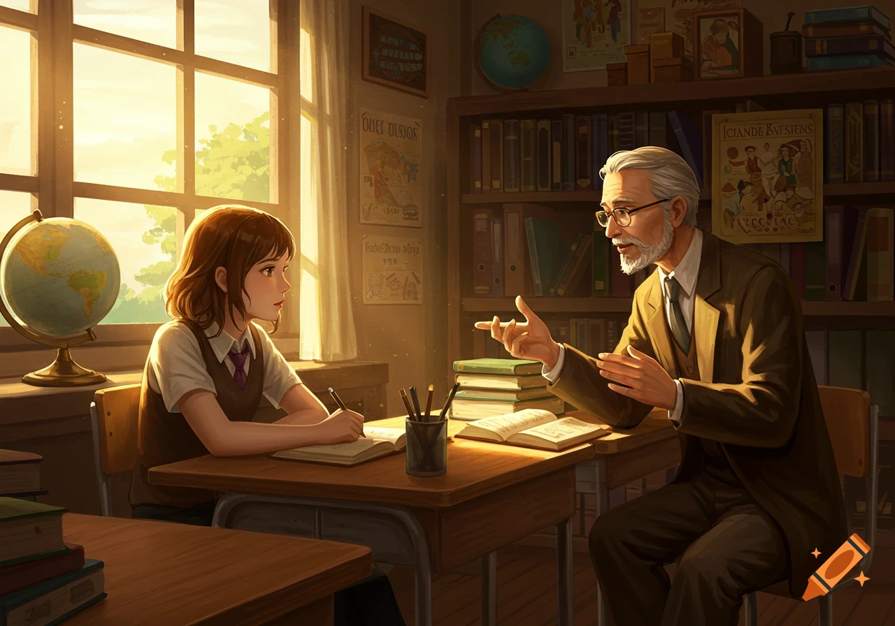 A student takes notes while an older male teacher explains something in a sunlit classroom, anime style.