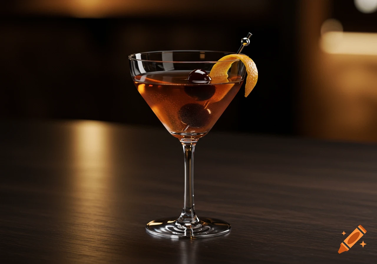 Photorealistic Manhattan cocktail in a coupe glass with two cherries and an orange peel on a dark wooden bar.