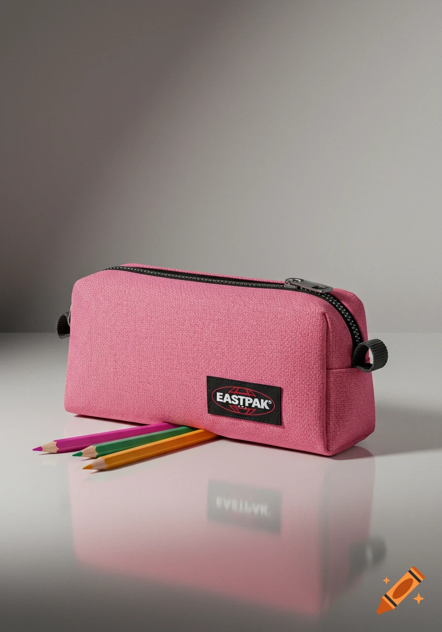 A pink Eastpak pencil case with a black logo label, resting on a reflective white surface with three colorful pencils.