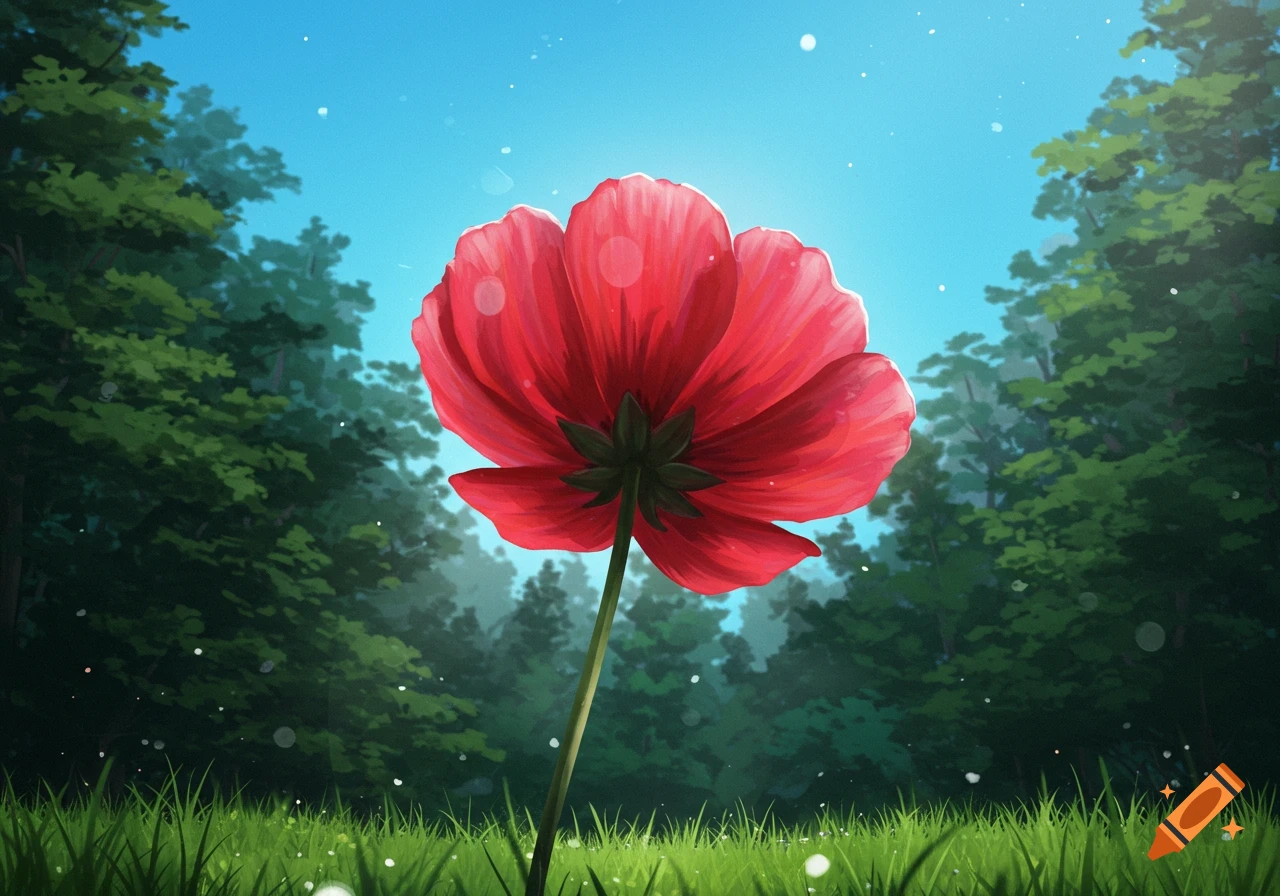 A vibrant red flower from a low angle, with a bright blue sky, dark green forest, and grassy field in an illustrated style.