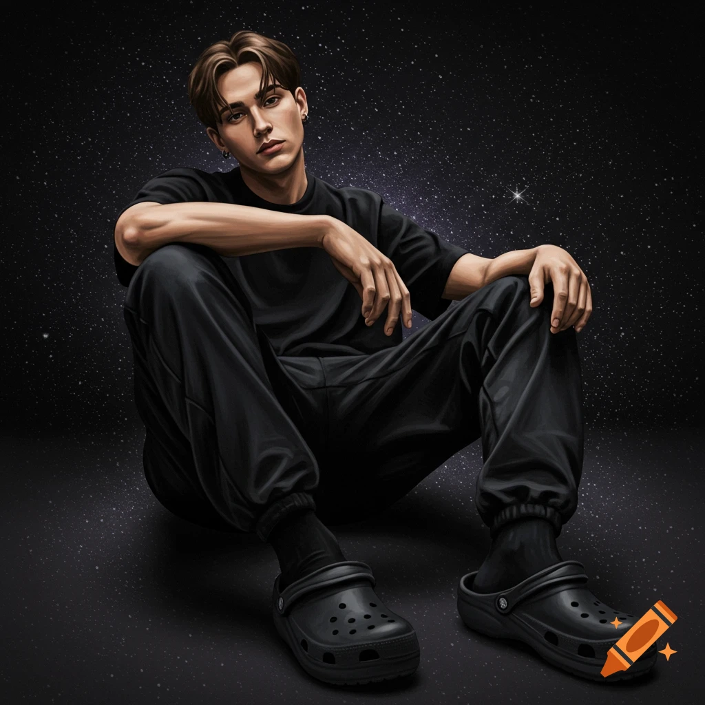 An illustrated young man in a black t-shirt, sweatpants, and black Crocs sits against a starry night sky.