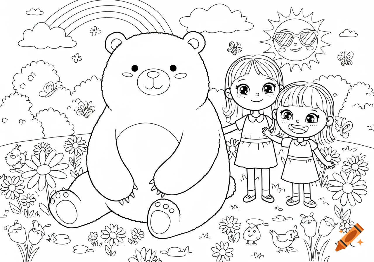 Black and white cartoon coloring page showing two girls next to a large bear in a field with a rainbow, sun, and flowers.