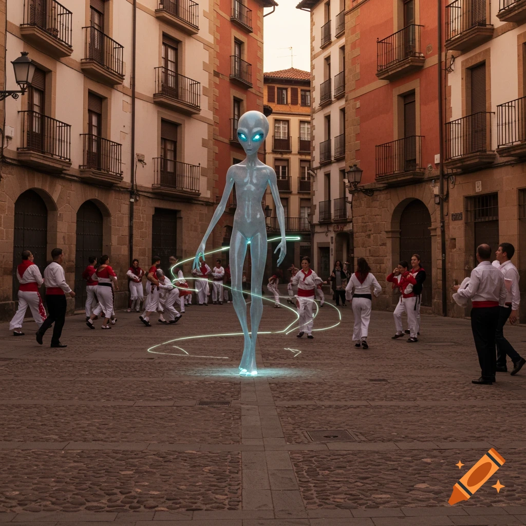 A tall, grey alien with glowing blue eyes and neon green aura stands in a cobblestone town square as people in white and red outfits dance around it, surrounded by old European buildings.