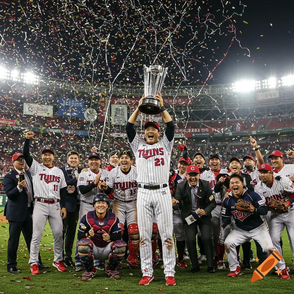 A joyous baseball team celebrates on the field at night under a shower of confetti, holding a trophy aloft.