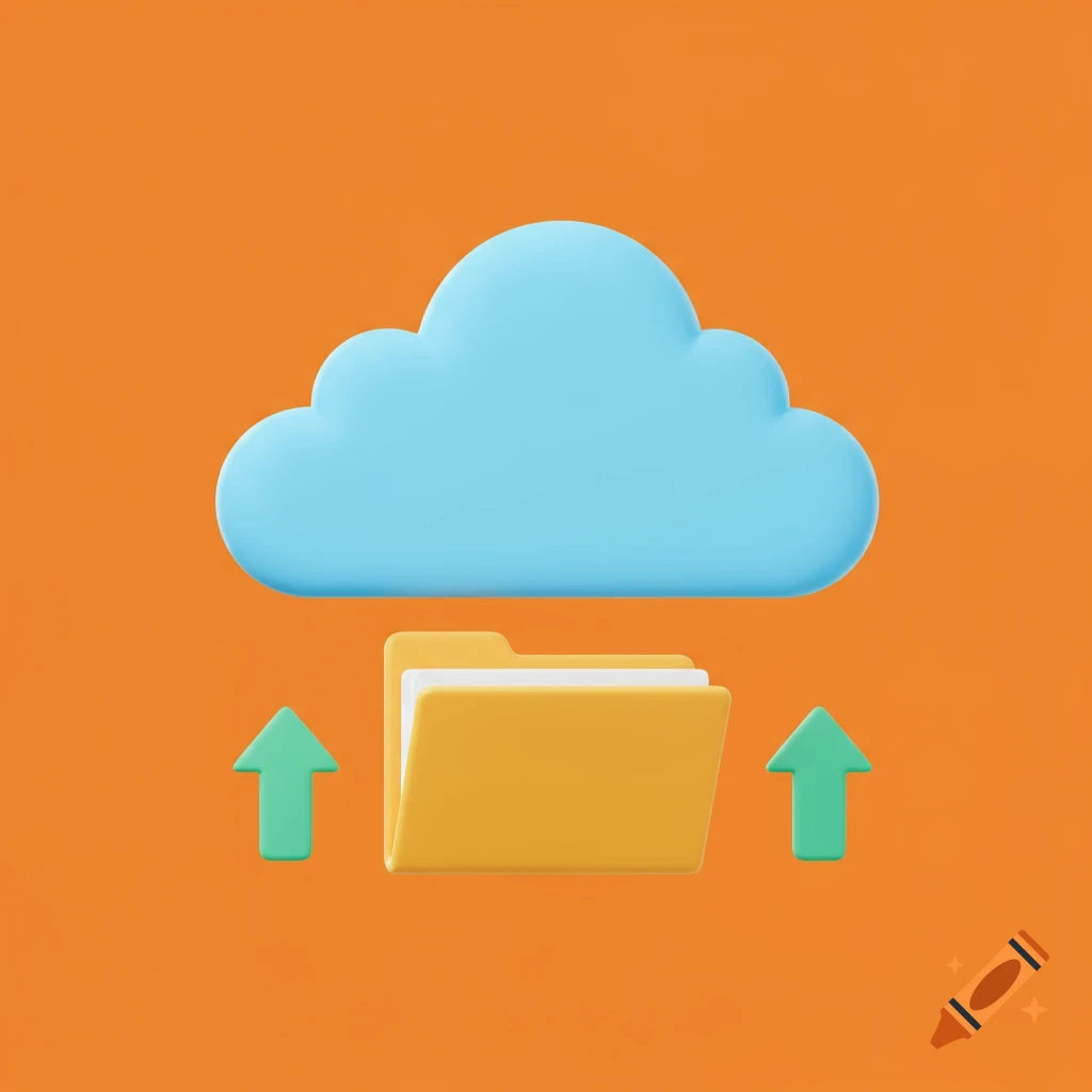 A 3D cartoon icon showing a light blue cloud above an open yellow folder with two green upload arrows on an orange background.