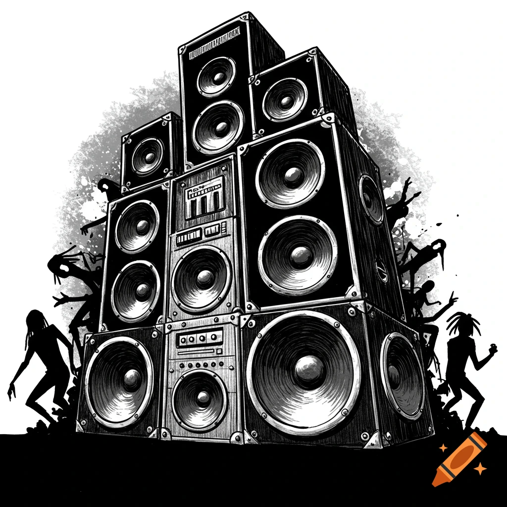 A black and white illustration of a towering reggae dub sound system with dancing silhouettes surrounding it.