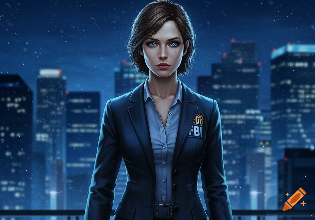 Illustrated young female FBI agent with short brown hair, blue eyes, dark suit, FBI badge, city skyline at night.