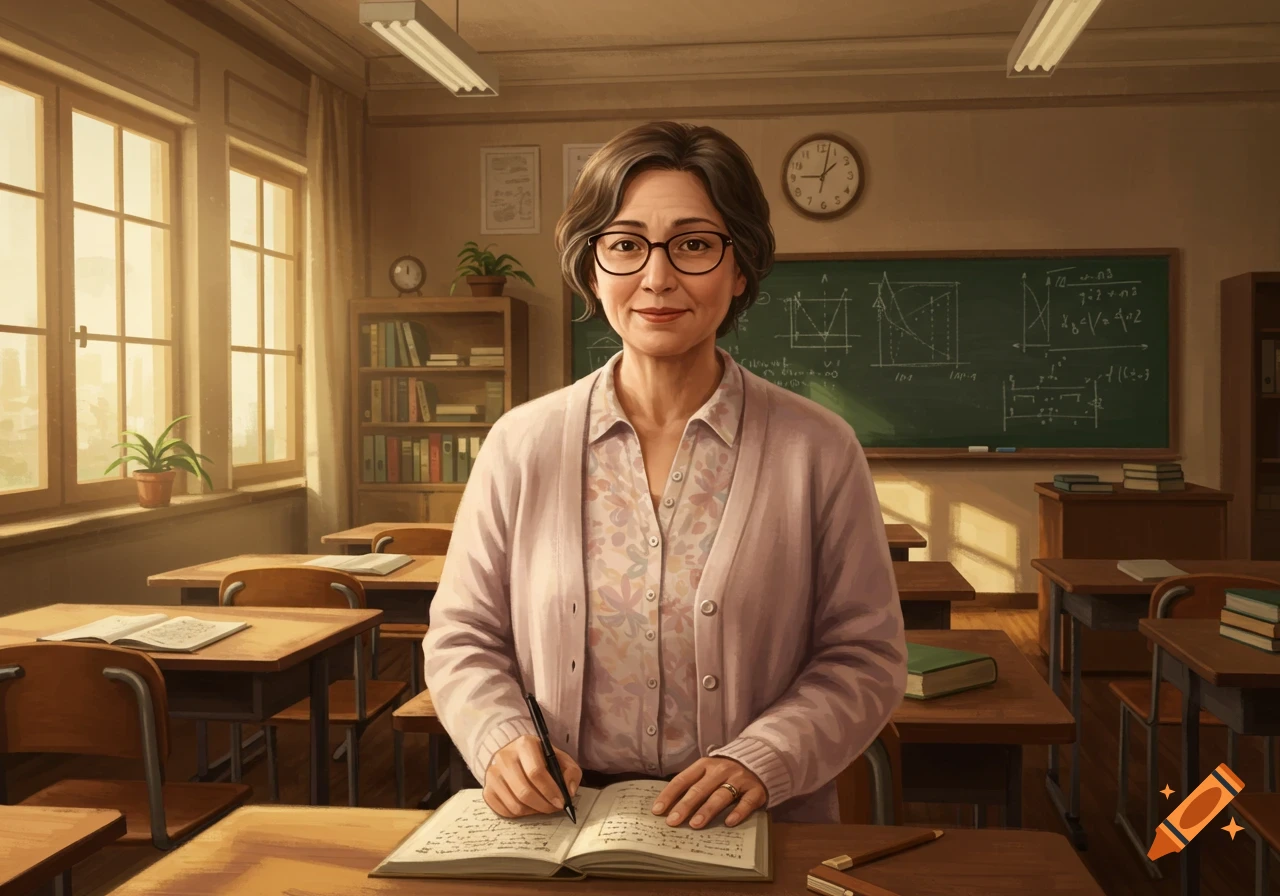 A friendly female teacher with glasses writes in a notebook at a wooden desk in a sunlit classroom, with a blackboard behind her.