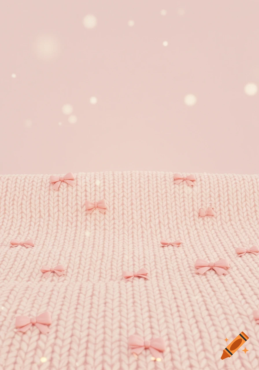 A pastel pink knitted blanket adorned with numerous small pink bows against a soft pink background with subtle light bokeh.