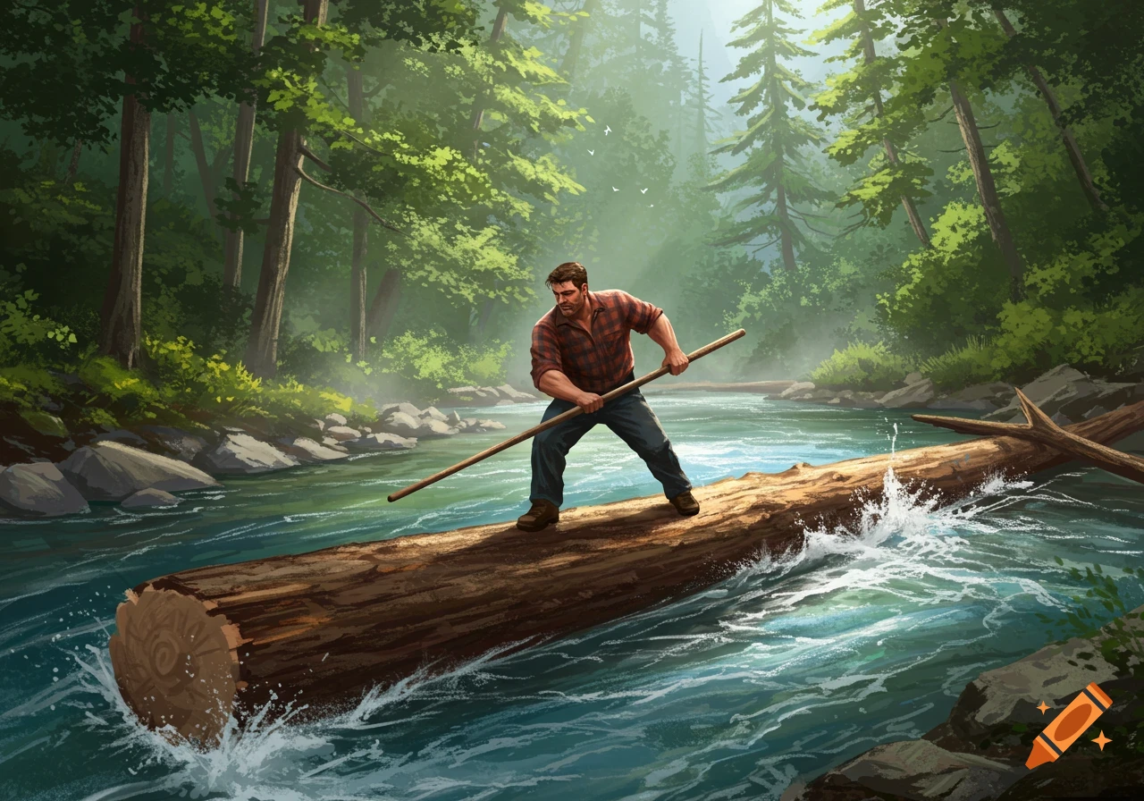 A man in a plaid shirt stands on a log, poling it down a river in a sunlit forest, digital painting style.