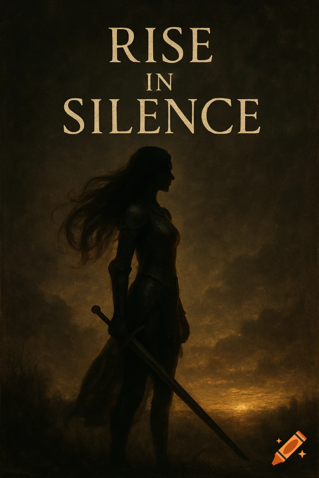 Silhouetted female warrior in armor with a sword, standing at sunset under 'RISE IN SILENCE' text, cinematic digital art.