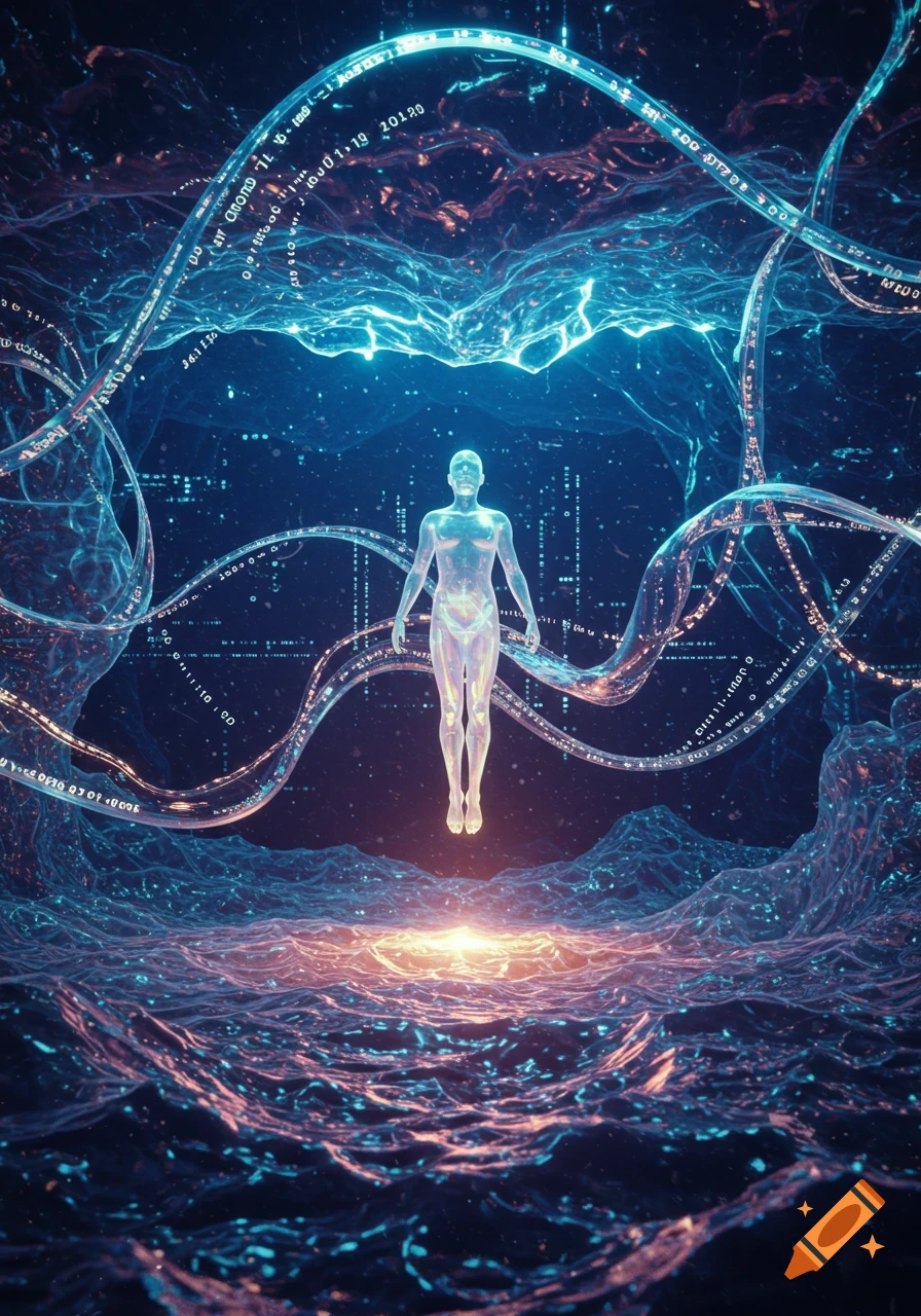 A translucent, glowing human figure floats amidst intricate, glowing blue data streams and abstract organic forms in a dark, ethereal digital space.