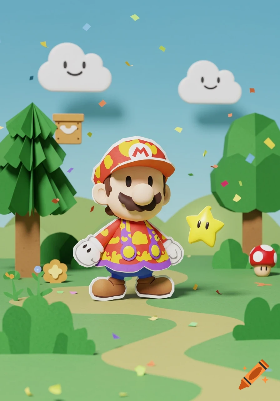 A papercraft Mario character with a polka-dotted outfit and M-hat, in a vibrant papercut landscape with trees, happy clouds, and a star.