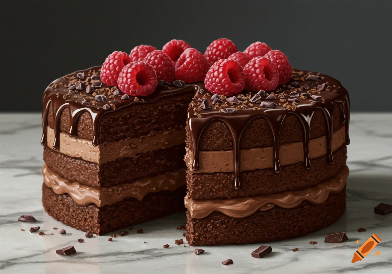 A rich chocolate cake with chocolate frosting, chocolate drizzle, and fresh raspberries, with a slice removed, on a marble surface.
