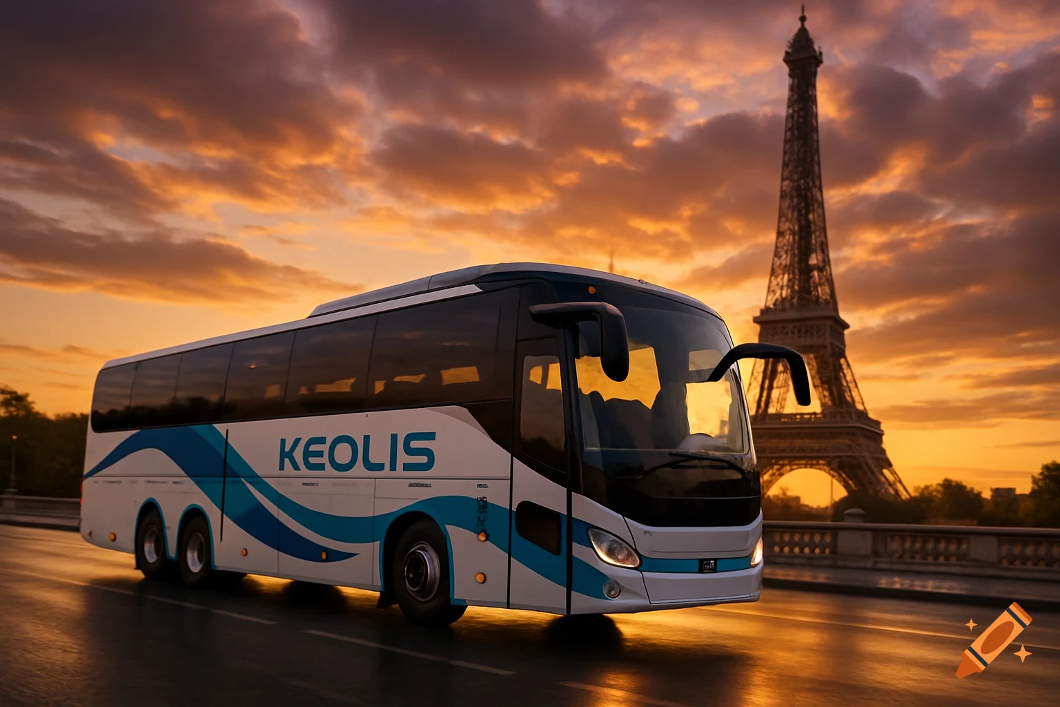 A modern Keolis bus on a bridge in Paris, with the Eiffel Tower in the background under a dramatic sunset. Photorealistic.