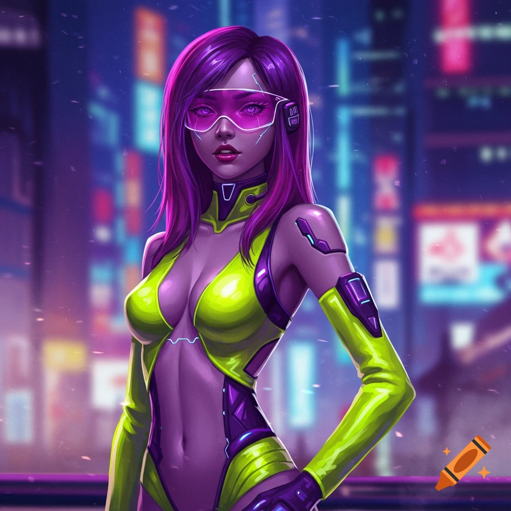 A cyberpunk woman with purple hair and glowing pink glasses, wearing a neon yellow and purple bodysuit against a futuristic city.