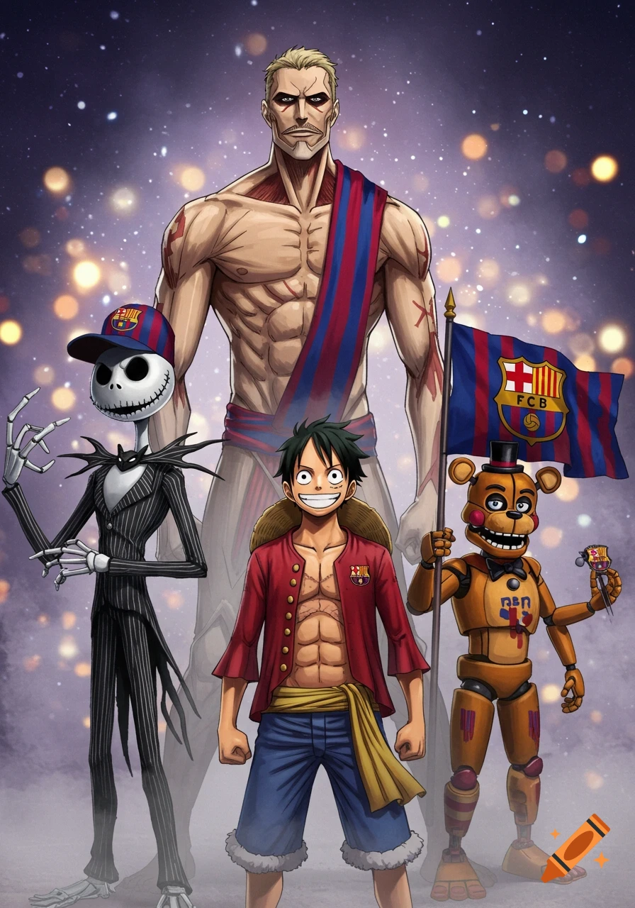 Luffy, Jack Skellington, and Freddy Fazbear stand with a muscular Eren Titan form in the background, all sporting FC Barcelona gear like a flag, hat, and scarf against a sparkling purple backdrop.