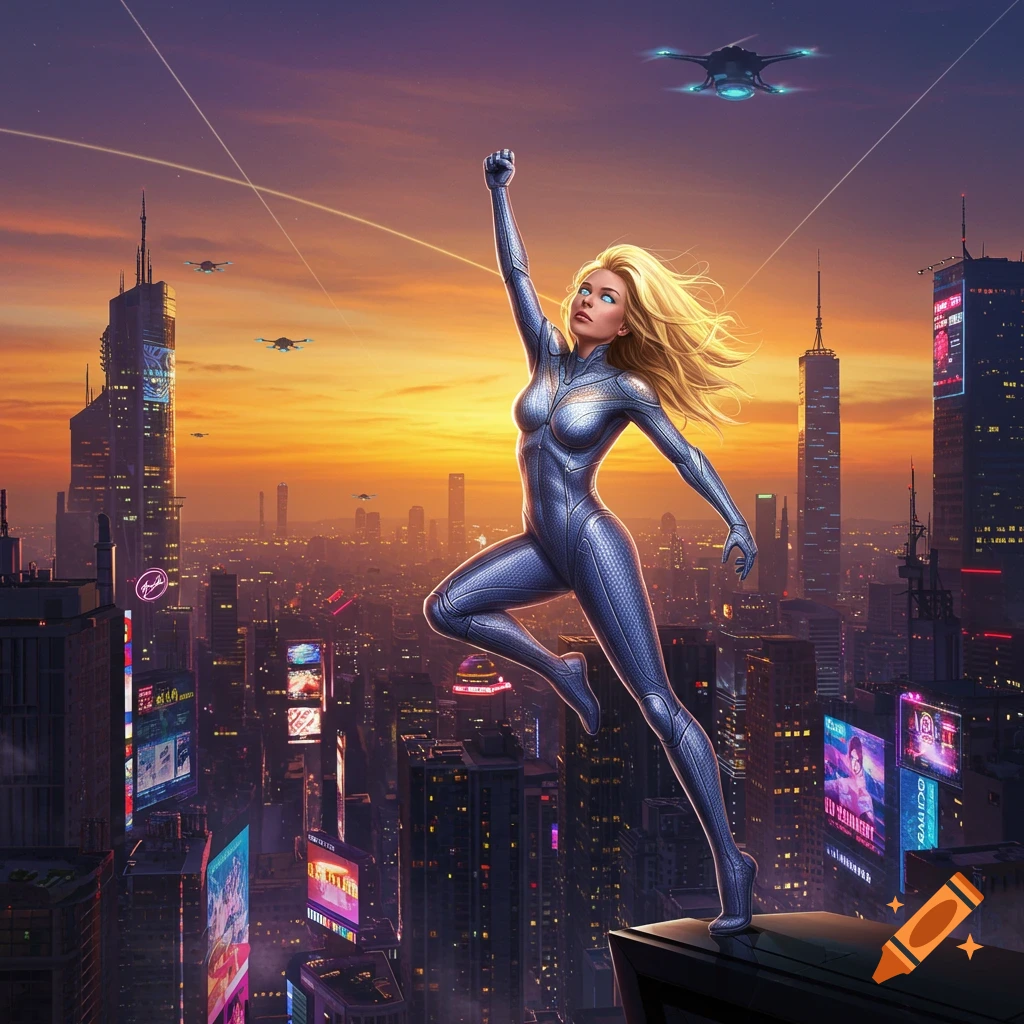 A blond superheroine in a metallic silver suit poses heroically atop a futuristic city skyscraper at sunset, with drones flying overhead.