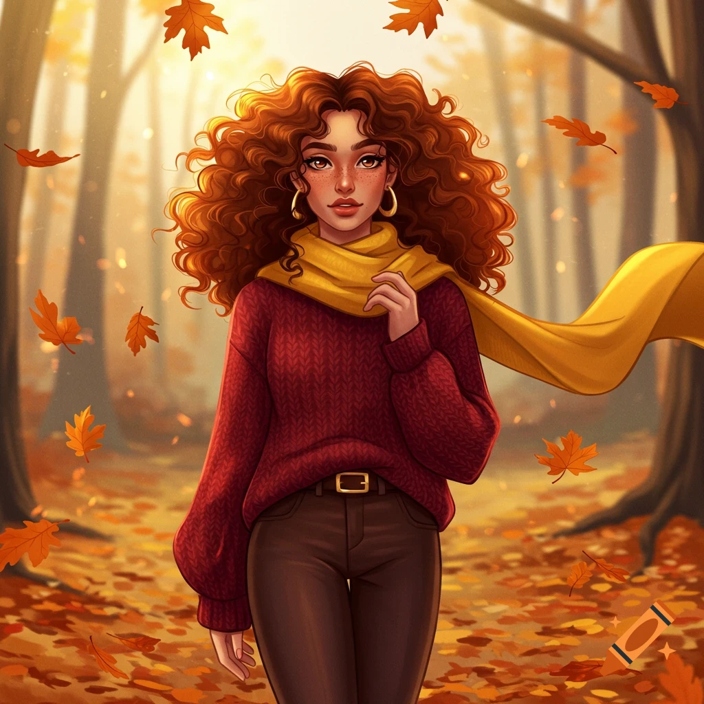 A woman with long curly brown hair in a red sweater and yellow scarf walks through an autumn forest with falling leaves, in a vibrant illustrative style.