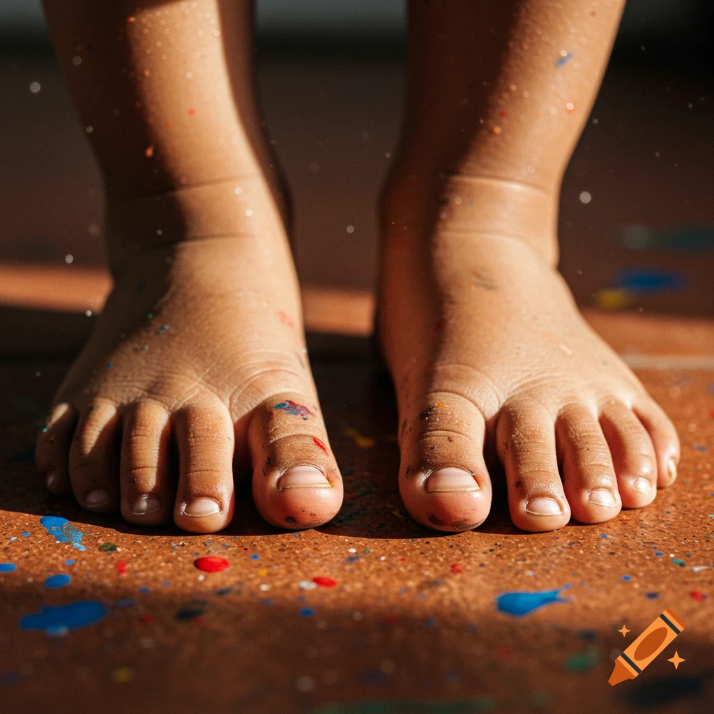 Close-up of a child's feet covered in colorful paint splatters on a paint-splattered surface.