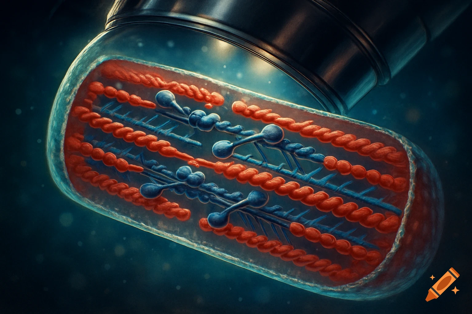 A microscopic, detailed illustration of muscle fibers and filaments within a transparent casing.