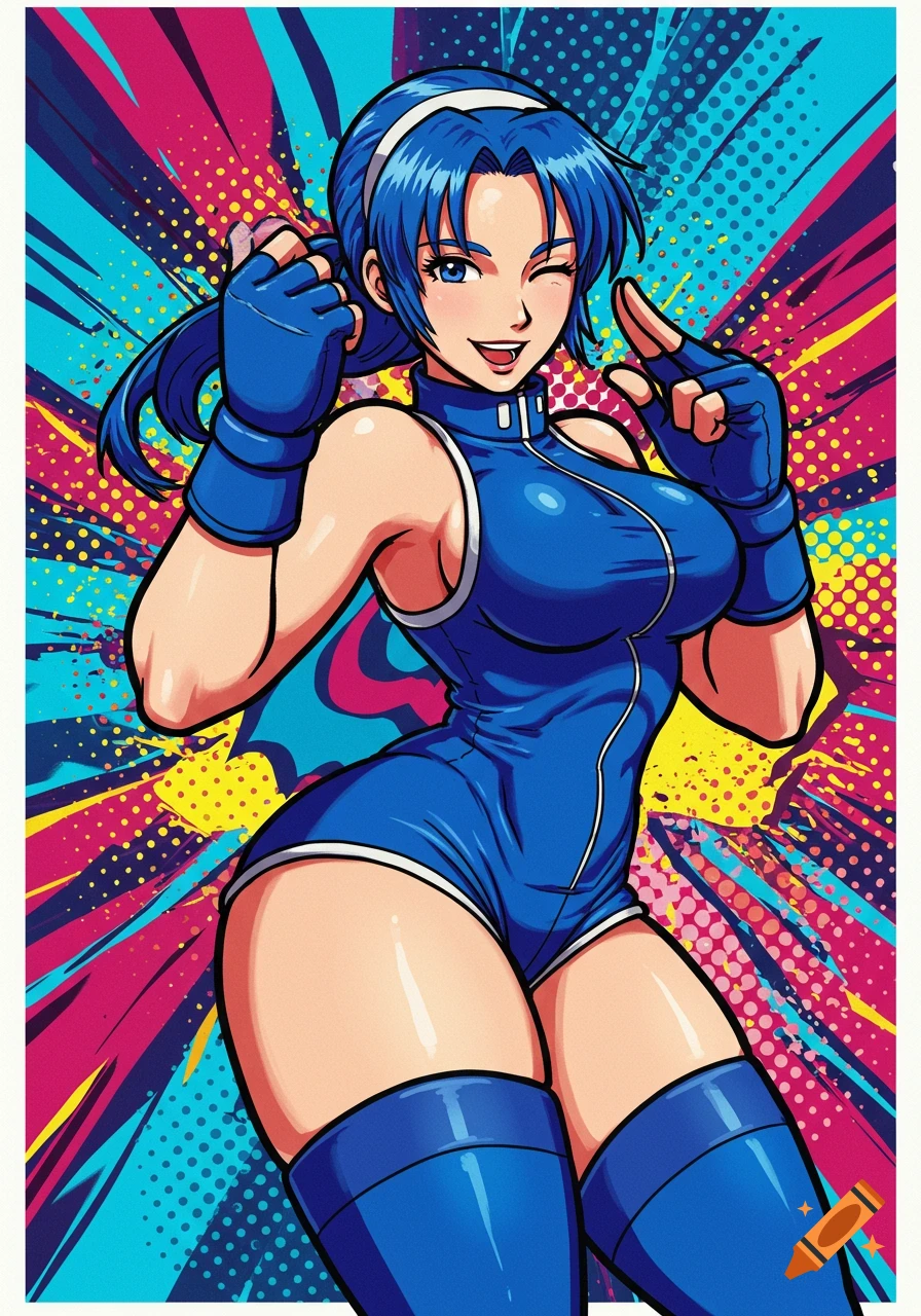 Anime-style woman with blue hair winking, giving a peace sign in a blue bodysuit, against a colorful Pop Art background.