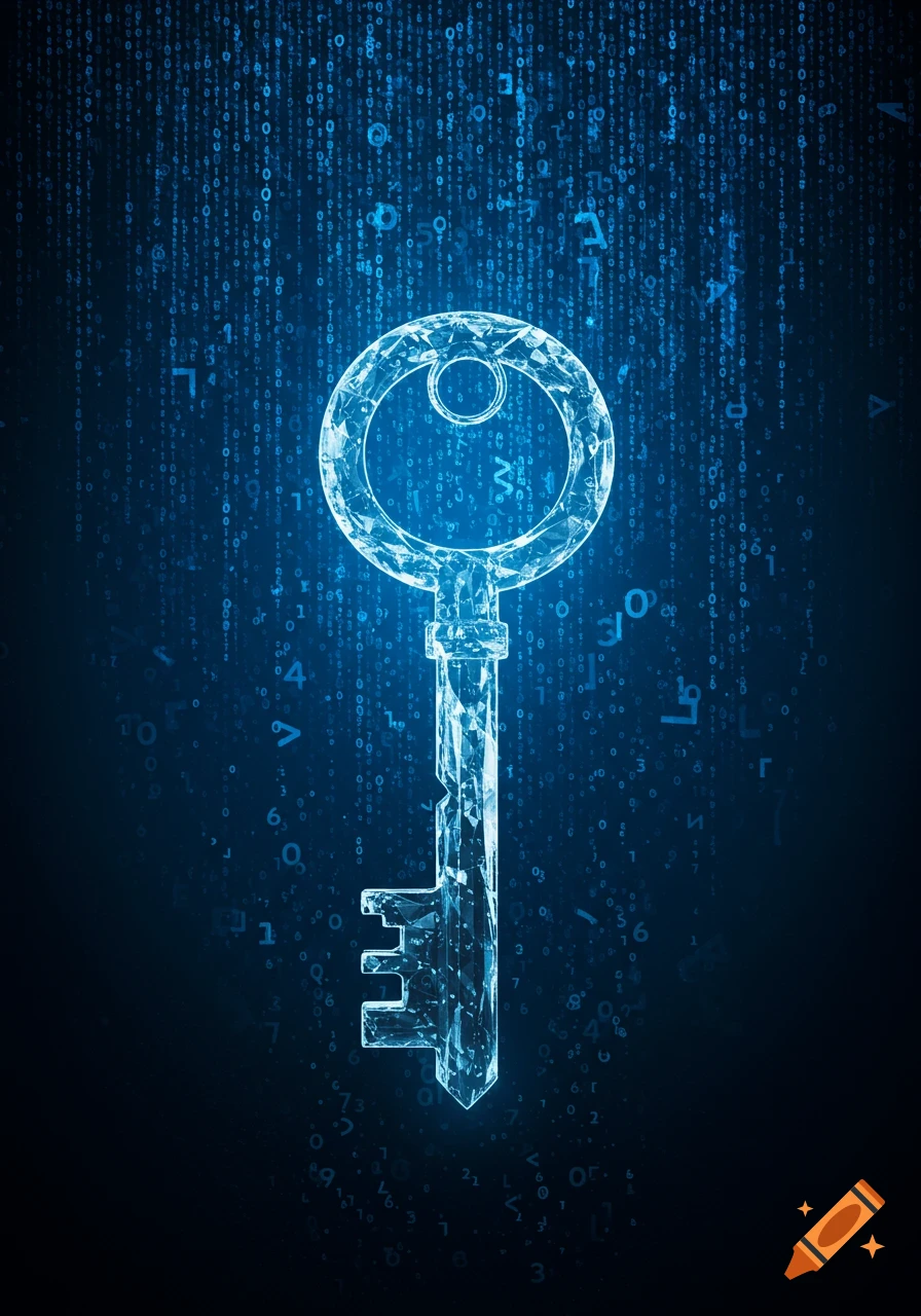 A glowing, faceted transparent key stands against a dark blue background with falling digital binary code and encryption symbols.