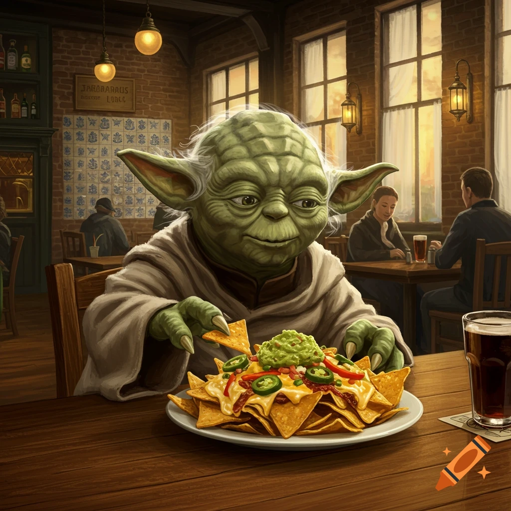 Yoda sits at a wooden table in a dimly lit restaurant, enjoying a plate of fully loaded nachos.
